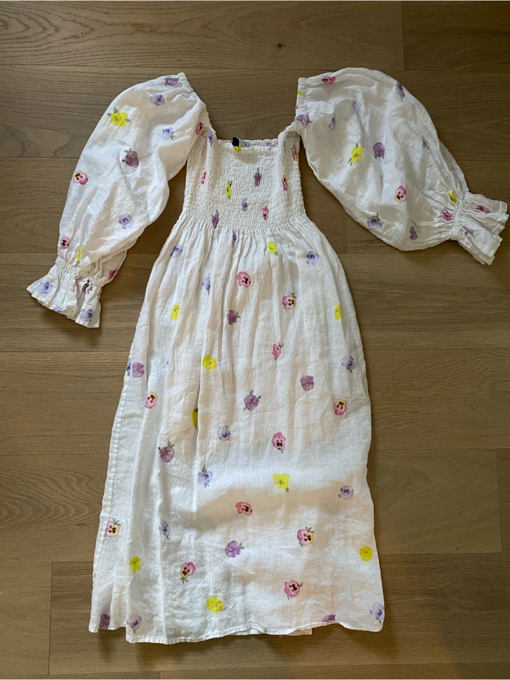 Sleeper White Floral Smocked One-Piece with Pink, Purple & Yellow Blooms